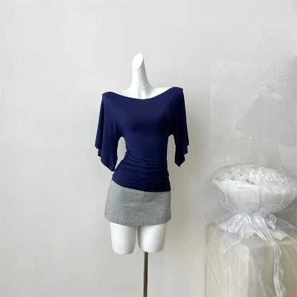 Women’s High Stretch Slash Neck Top - Slim Fit Flare Sleeve Pleated Summer Solid Color T-Shirt