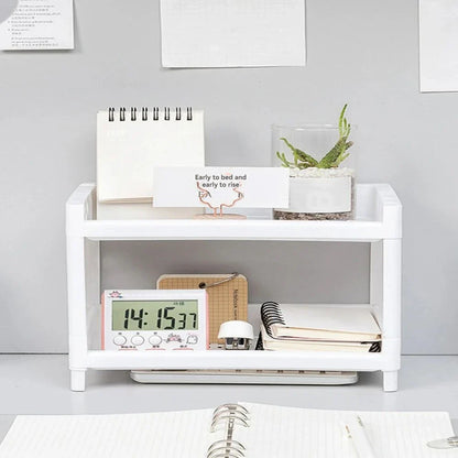 PP Desktop Double Layer Storage Rack – White Rectangular Organizer for Student Desk, Office, Cosmetics & Stationery