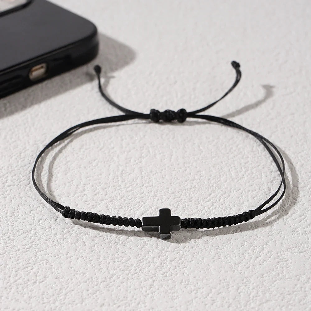 Minimalist Black Cord Cross Bracelet - Handcrafted Woven Protection Jewelry Gift for Men