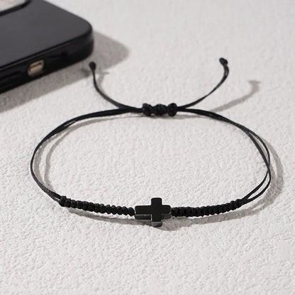 Minimalist Black Cord Cross Bracelet - Handcrafted Woven Protection Jewelry Gift for Men