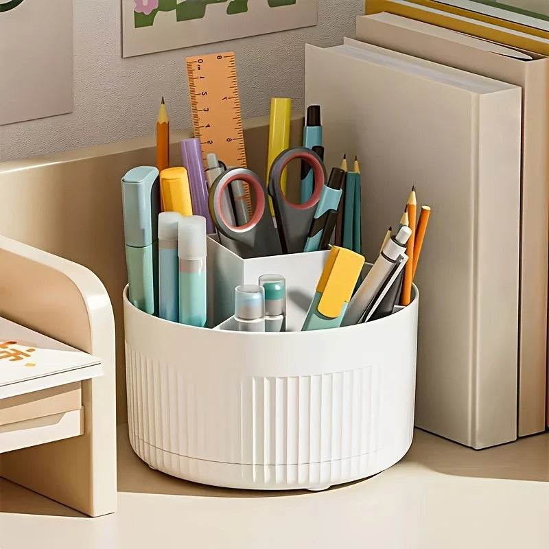 360° Rotating Pen Holder - 5 Compartment Large Capacity Desk Organizer for Pens, Rulers & Office Storage