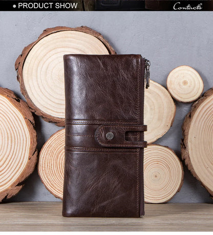 CONTACT'S Men’s Genuine Leather Clutch Wallet – Long Vintage Wallet with Card Holder, Zipper Coin Purse & Money Bag