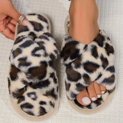 Women’s Cross Band Fur Slippers – Fluffy Open-Toe Plush Home Shoes with Soft Non-Slip Sole