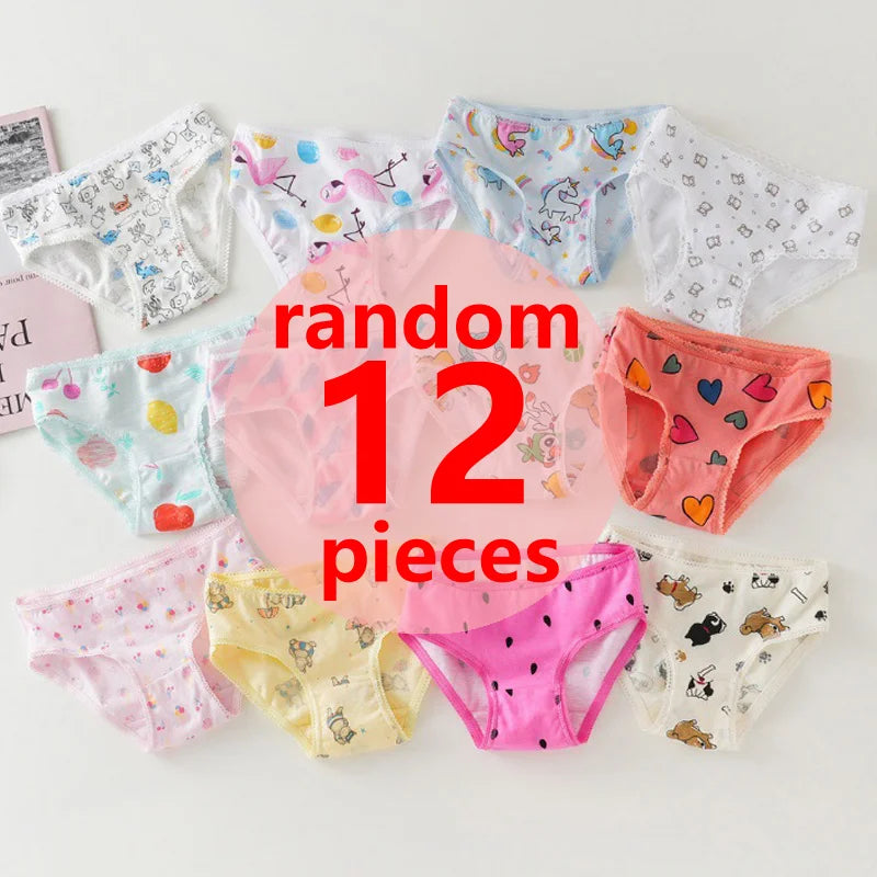 3/6/9/12 Pcs Cotton Girls Kids Underwear - Cute Cartoon Print Briefs with Lace Trim Soft Children Short Panties