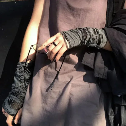 Gothic Fingerless Tear Gloves - Unisex Stretchy Fashion Gloves for Party & Cosplay Wear