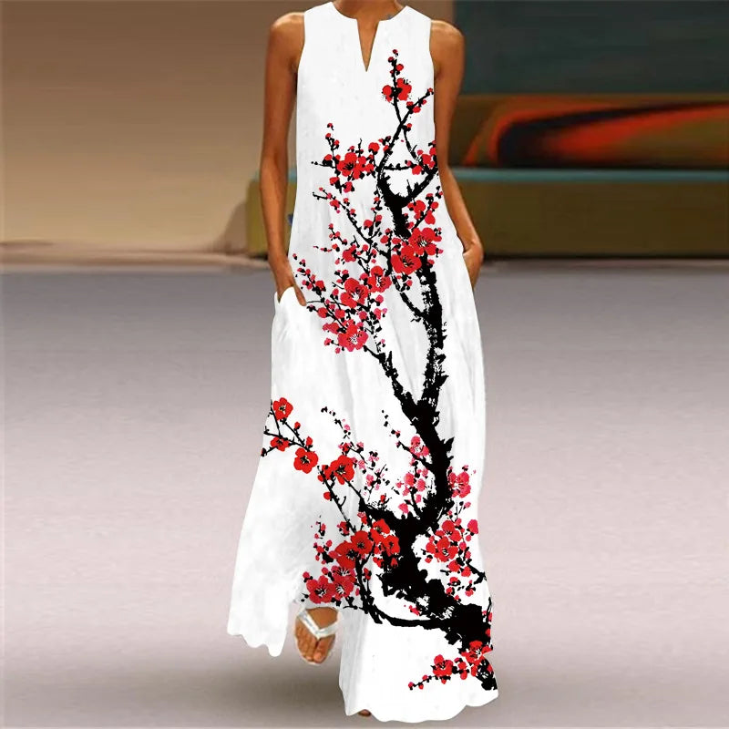 Vintage Boho Maxi Dress - Women's Summer V Neck Sleeveless Long Sundress with Pockets
