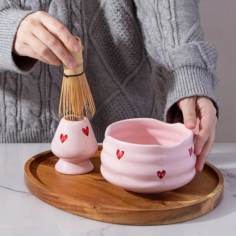 5PCS Pink Heart Matcha Set - Ceramic Tea Bowl with Bamboo Whisk, Scoop, Sifter & Holder