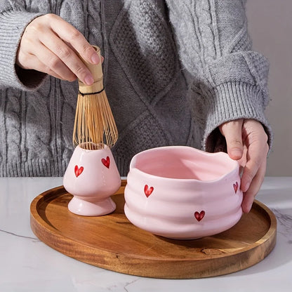 5PCS Pink Heart Matcha Set - Ceramic Tea Bowl with Bamboo Whisk, Scoop, Sifter & Holder
