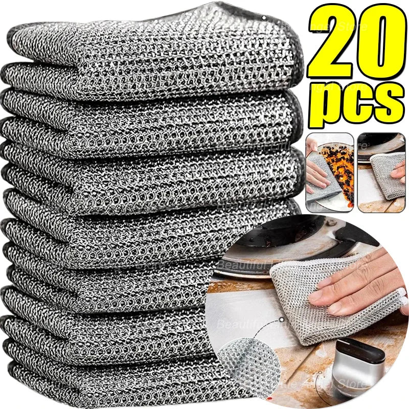 20/5PCS Thickened Steel Wire Cleaning Cloth – Non-Scratch Double-Layer Microfiber Mesh Dishrag & Kitchen Towels for Pots