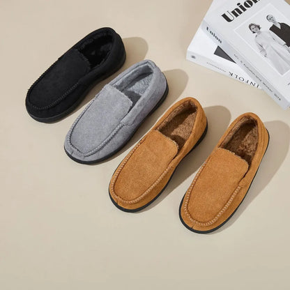 Men's Fleece-Lined Moccasin Slippers - Warm Closed-Back Non-Slip Indoor & Outdoor Winter Shoes