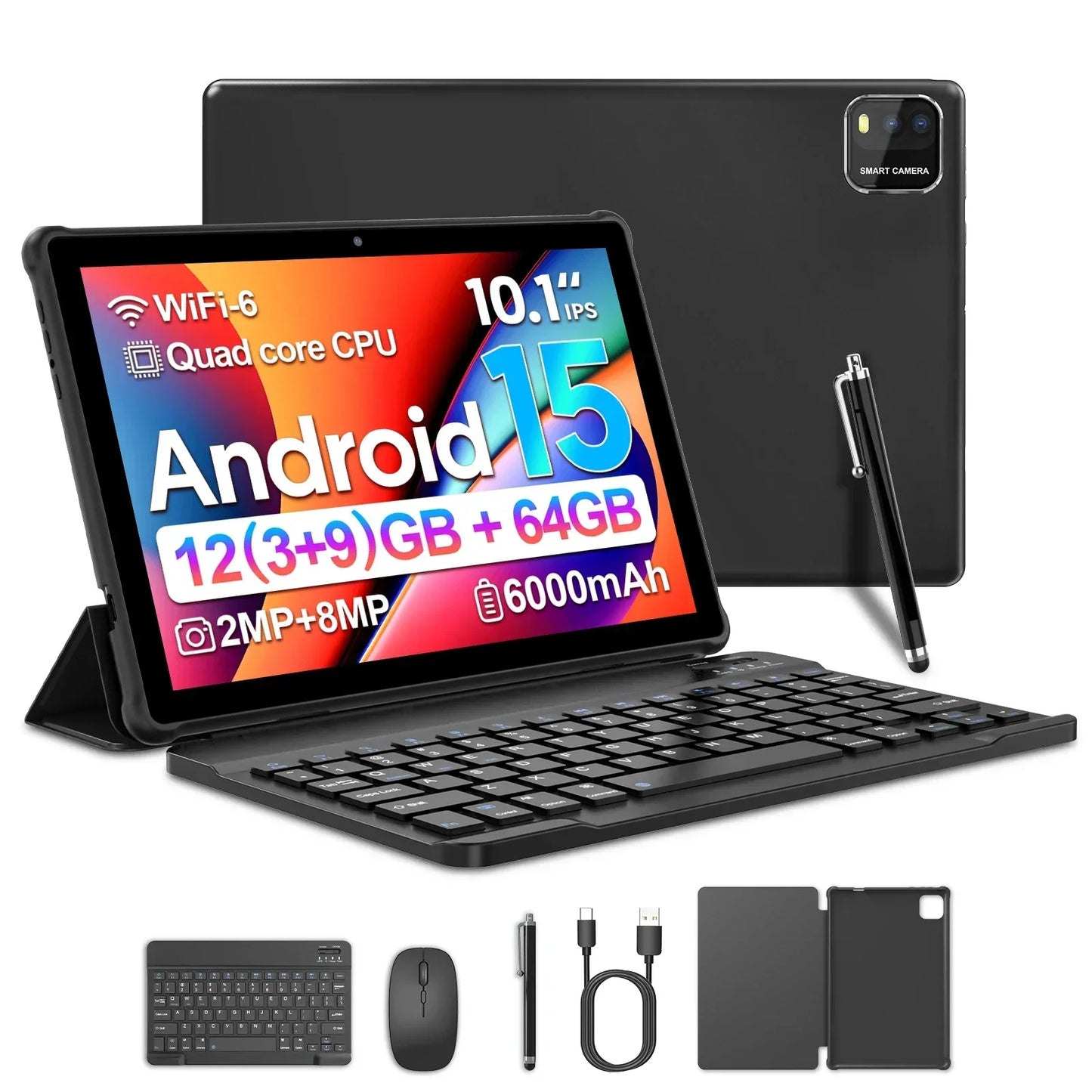 BAKEN 10″ Android 15 Tablet — Quad-Core, 12GB RAM + 64GB Storage, 5G WiFi, 1280×800 Display, Dual Cameras