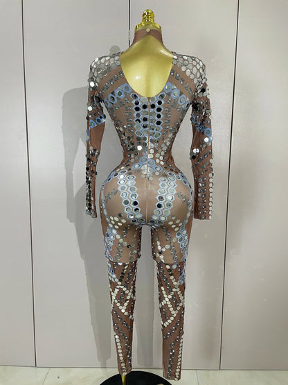 Sexy Shiny Silver Sequin & Black Spandex Jumpsuit — 2025 Women’s Prom, Dancer & Stage Performance Costume