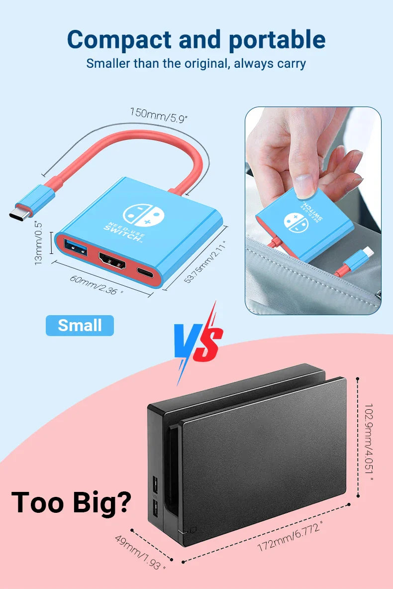 Portable Nintendo Switch Docking Station — Type-C Hub with HDMI & USB 3.0 for Travel Gaming