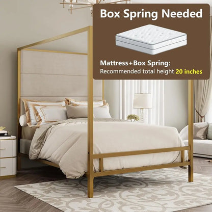 Modern King Size Canopy Bed Frame - Tall Linen Upholstered Headboard Metal 4-Poster Bed with Gold & Tan Design