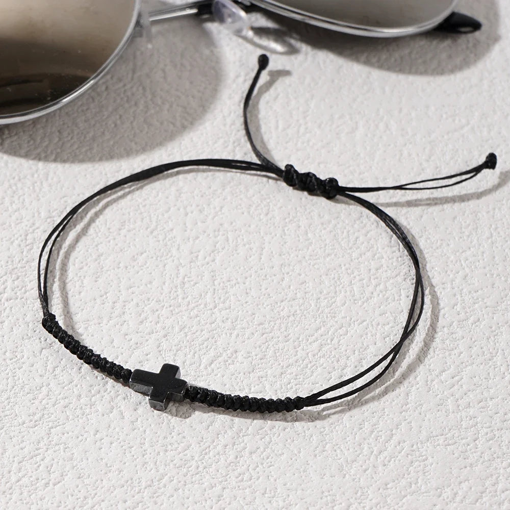 Minimalist Black Cord Cross Bracelet - Handcrafted Woven Protection Jewelry Gift for Men