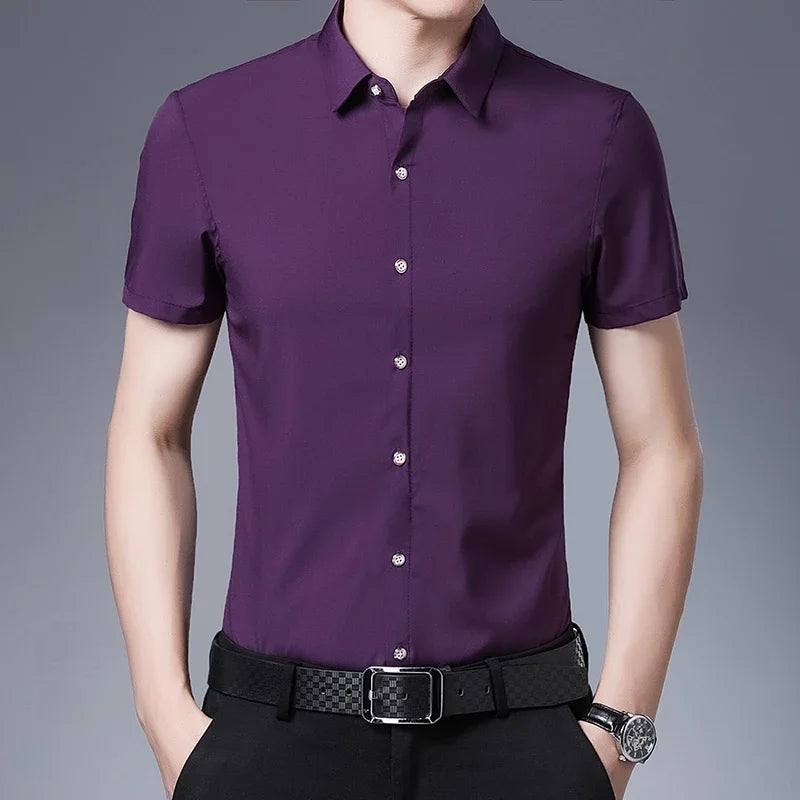 Men's Business Casual Short Sleeve Shirt - Solid Color Non-Iron Comfort Shirt