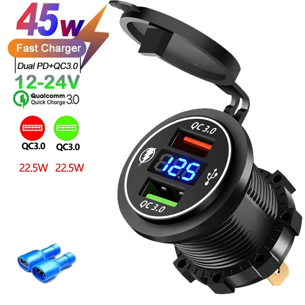 USB Car Charger 12/24V - Dual Socket PD3.0 & QC3.0 Fast Charging Station with LED Voltmeter Switch