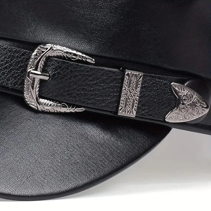 Fashion Women’s & Men’s Leather Sailor Hat – Large Belt Buckle Beret, Flat Top Captain Military Cap for Spring & Autumn