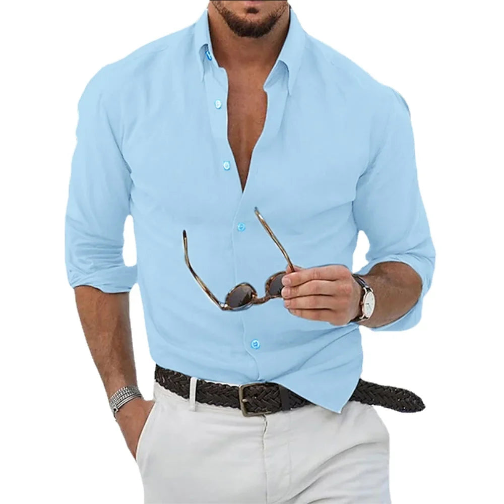 Men’s Cotton Linen Long Sleeve Shirt - Loose Fit Solid Color Casual Lapel Streetwear Top for Autumn