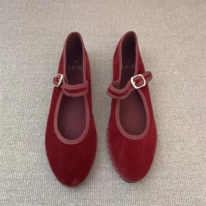 Women's Velvet Mary Jane Shoes – Hand-Stitched Ballet Flats, Casual Streetwear Loafers in Solid Colors