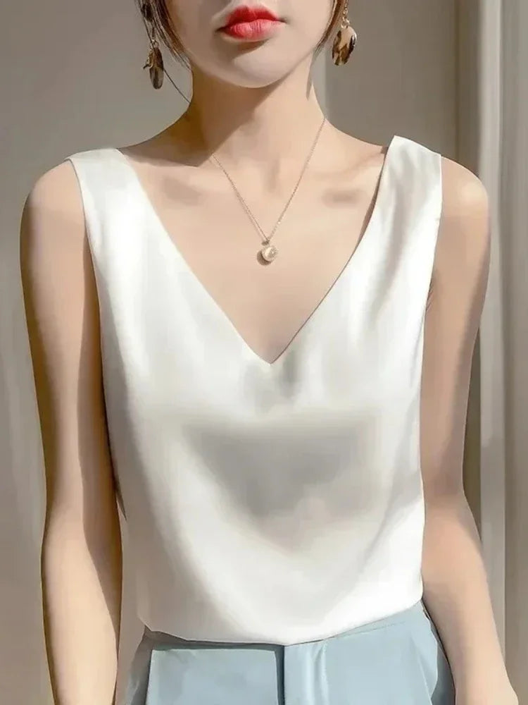 Women's V Neck Satin Silk Top - Sleeveless Acetic Acid Blouse for Elegant Summer Fashion