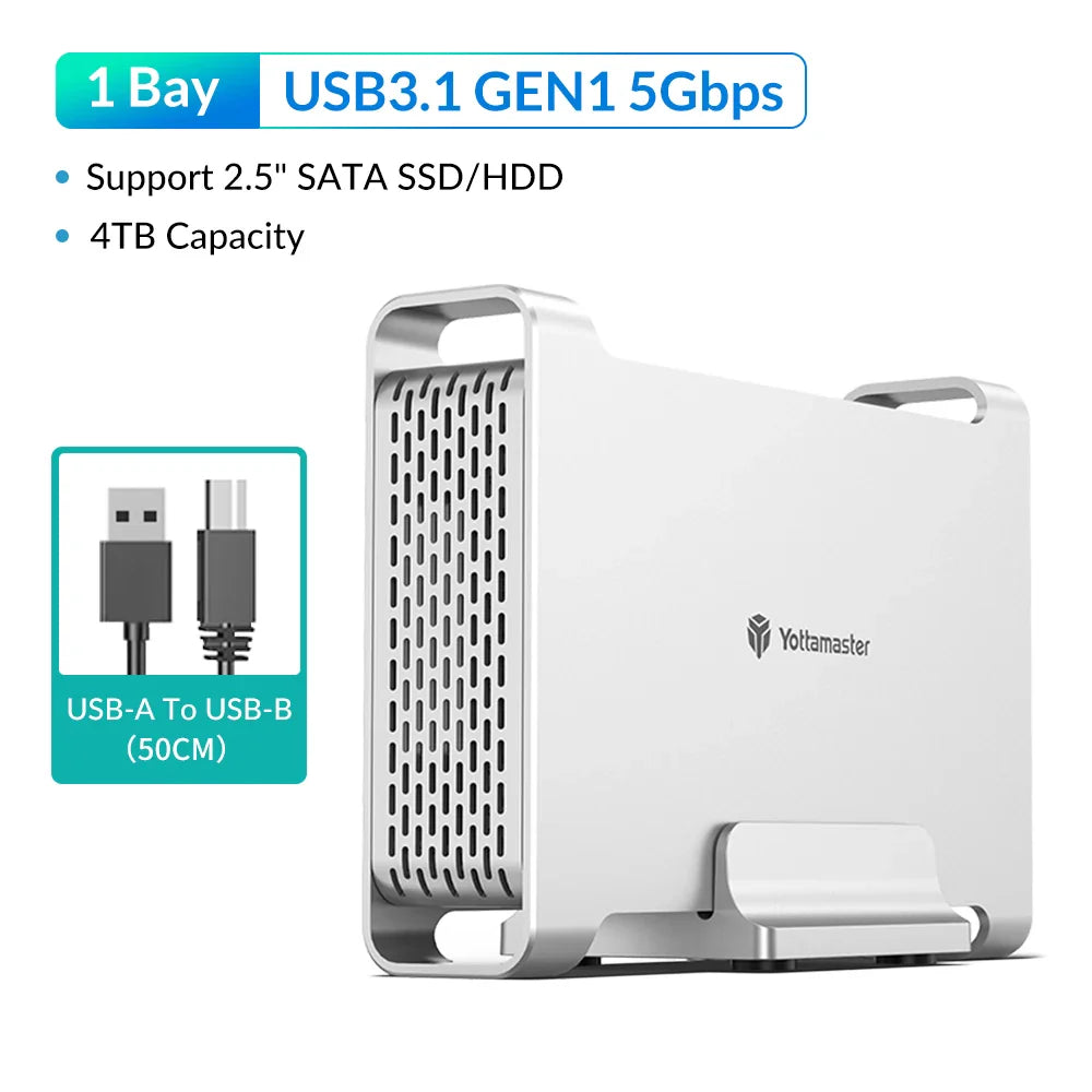 Yottamaster 1/2 Bay RAID Hard Drive Enclosure — 2.5"/3.5" SATA SSD/HDD External Case USB 3.1 Type-C 10Gbps, Supports Up to 2×16TB