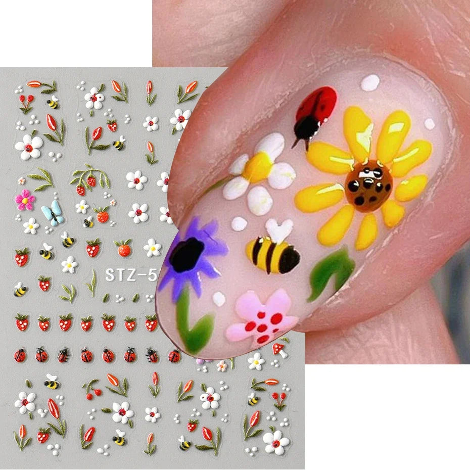 3D Kawaii Ladybug Nail Stickers - Embossed Daisy Flower DIY Decals for Spring, Wedding & Floral Nail Art