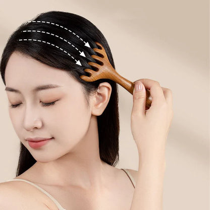 Head Meridian Massage Comb – Anti-Static Natural Wooden Wide Tooth, Six-Claw Gua Sha Tool for Spa & Blood Circulation