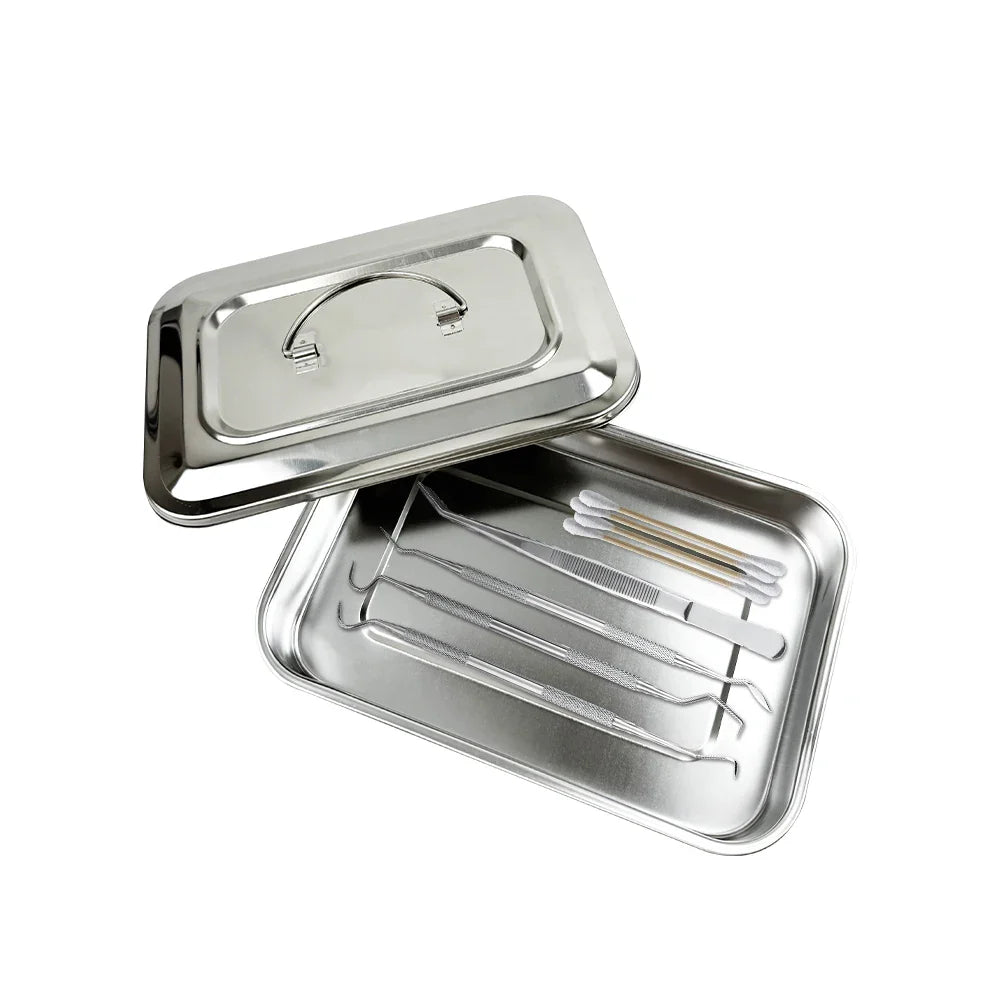Stainless Steel Dental Instruments Tray with Lid – Surgical Sterilization & Disinfection Container
