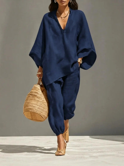 Women’s Linen Casual Set - Summer Loose Deep V-Neck Batwing Sleeve Nine-Piece Solid Color Outfit