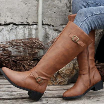 Women’s Winter High-Top Knight Boots – Side Zipper & Belt Buckle, Pointed Toe, PU Material with Cotton Lining