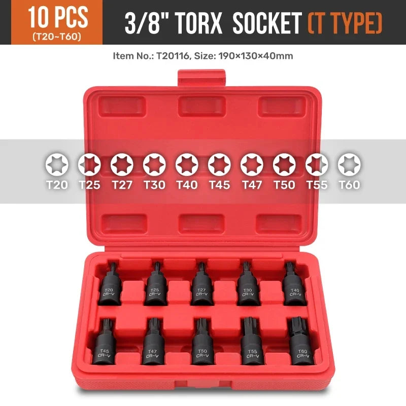 Hi-Spec 10PC 3/8-Inch Drive Socket Set - Torx, Hex & Spline Auto Repair Tool Kit with Red Case
