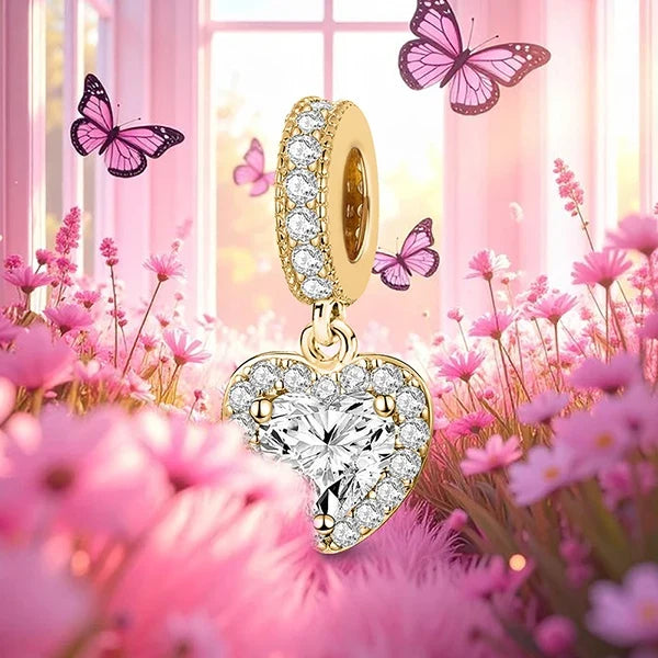 925 Sterling Silver Pink Heart Charm - Zircon Love Pendant Bead for DIY Bracelets, Bangles & Women’s Jewelry