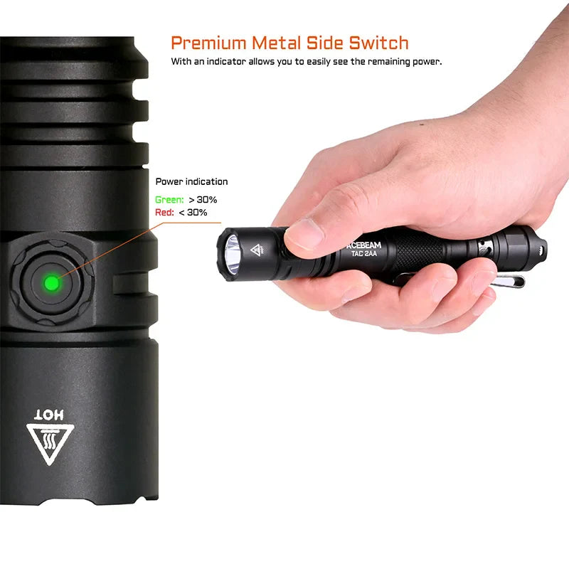 ACEBEAM TAC 2AA LED Flashlight — 1600 Lumen Portable EDC Torch, 181m Beam, USB-C Rechargeable with Dual Buttons