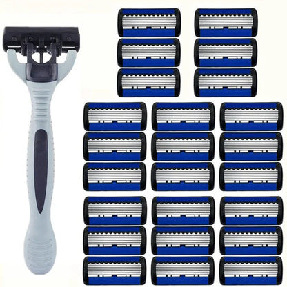 Men’s Manual Safety Razor – 6-Layer Stainless Steel Hair Removal Knife with Replaceable Heads and Razor Tools