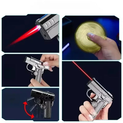 Folding Gun Style Lighter - Windproof Butane Jet Flame Metal Lighter with Laser