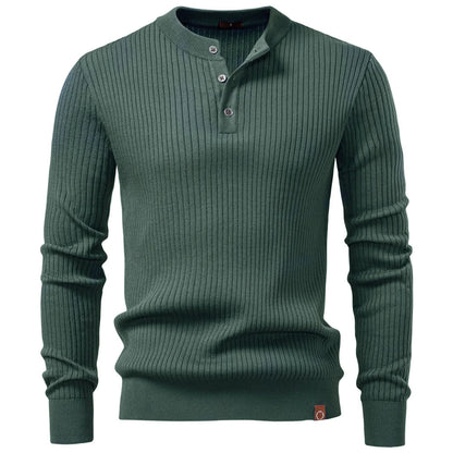 Men's Ribbed Stripe Polo Shirt - Long Sleeve Button Placket Premium Business Casual Top