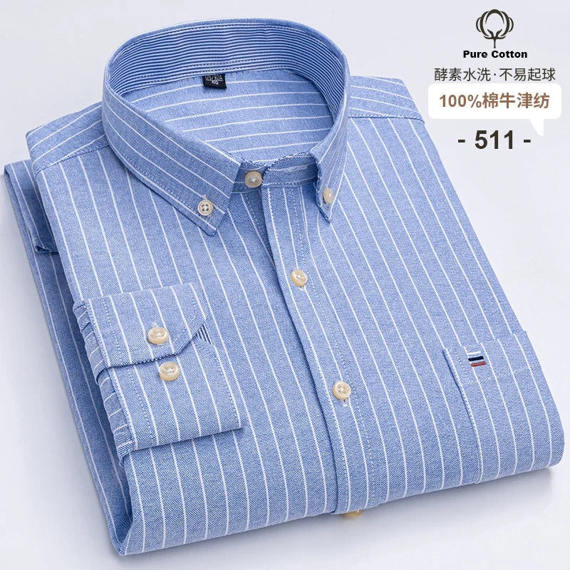 Men's 100% Cotton Oxford Plaid Shirt - Soft Regular Fit Long Sleeve Formal Dress Shirt with Pocket S-7XL