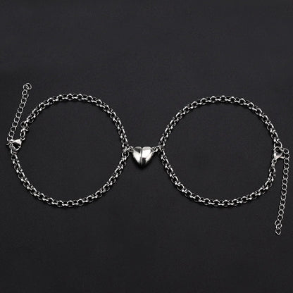 2-Piece Magnetic Couple Bracelet Set - Stainless Steel Heart Charm Cuban Chain Jewelry Gifts