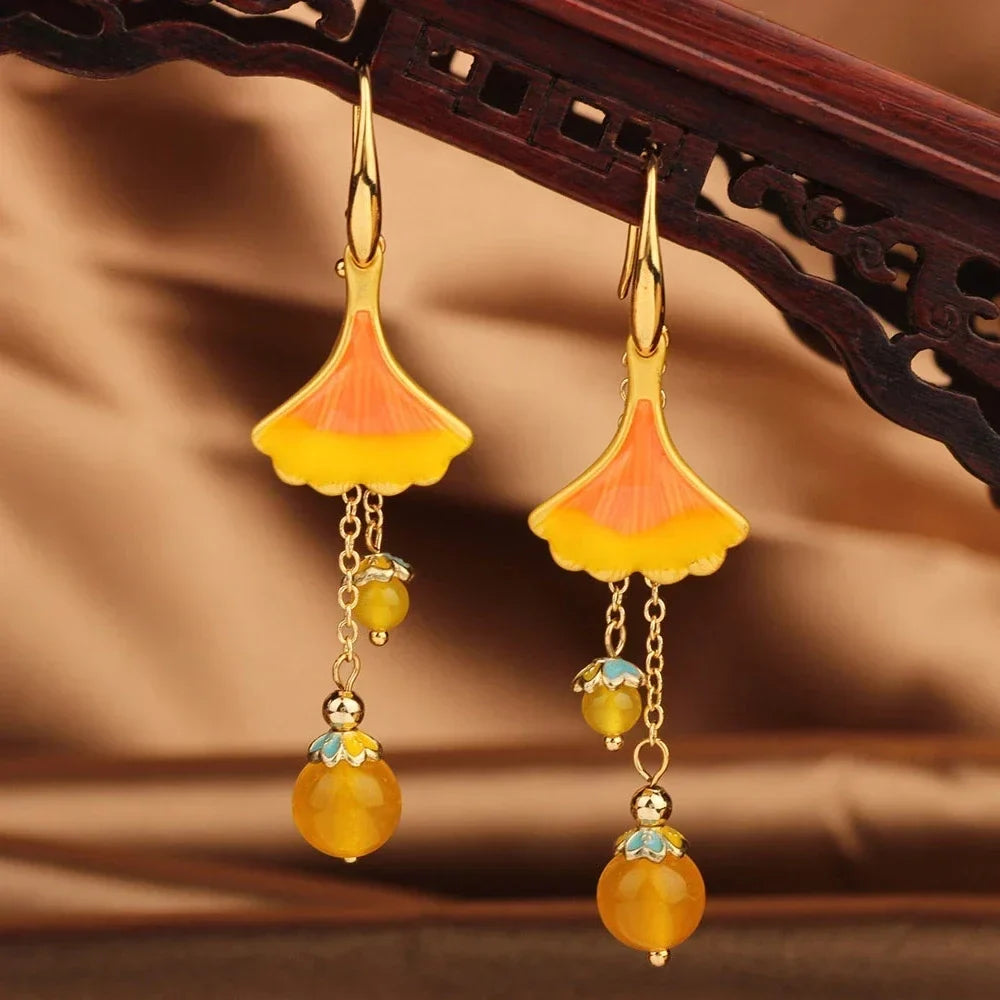 Vintage Flower Drop Earrings - Natural Stone Ethnic Jewelry for Women