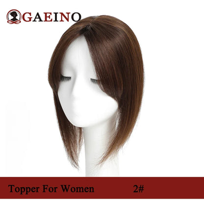 Straight Human Hair Topper With Bangs - Silk Base Clip In Real Hair Extension For Women Chocolate Brown Light Brown