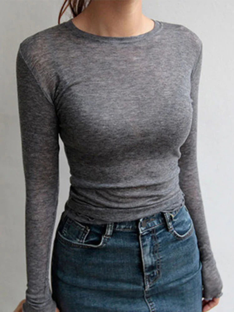 High Quality Women's Plain Cotton T-Shirt - Elastic Basic Long Sleeve Casual Top, Sexy Thin See-Through Tee