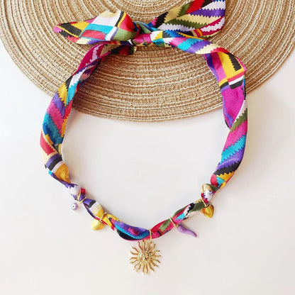 Bohemian Fabric Scarf Necklace - Sea Life, Heart & Floral Charm Pendant Vacation Jewelry Gift for Women