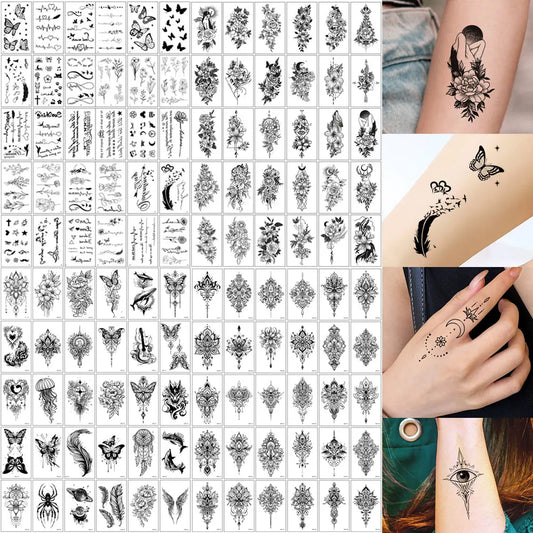 30pcs Black Temporary Tattoo Stickers - Flower Butterfly Rose Moon Star Mandala Designs for Hand, Chest & Body Art