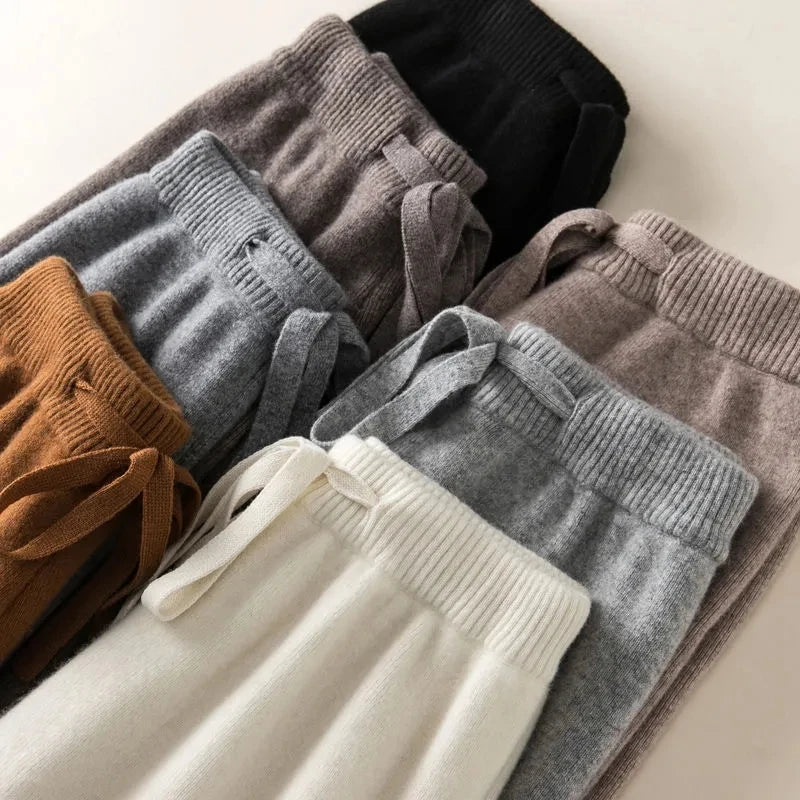 Thick Warm Knitted Pants - Women's High Waist Soft Elastic Straight Leg Ankle-Length Korean Fashion Trousers