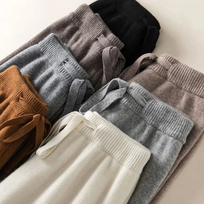 Thick Warm Knitted Pants - Women's High Waist Soft Elastic Straight Leg Ankle-Length Korean Fashion Trousers