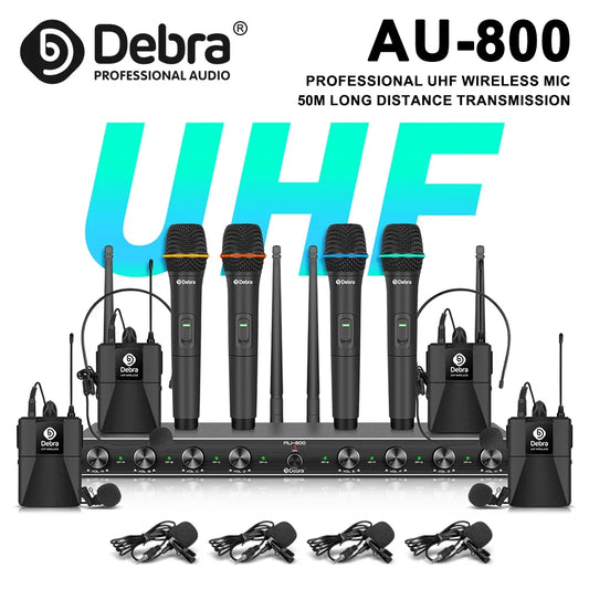 AU800 UHF Wireless Microphone System - Professional Handheld, Lavalier & Headset Mic Kit for Stage, Karaoke & Performances