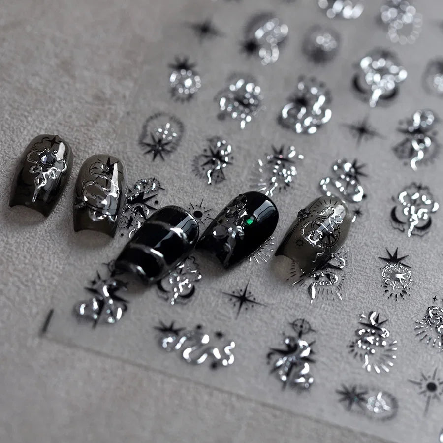 5D Gold Stamped Nail Art Stickers - Silver Sun Stars Snake Chinese Style Self-Adhesive Manicure Decals