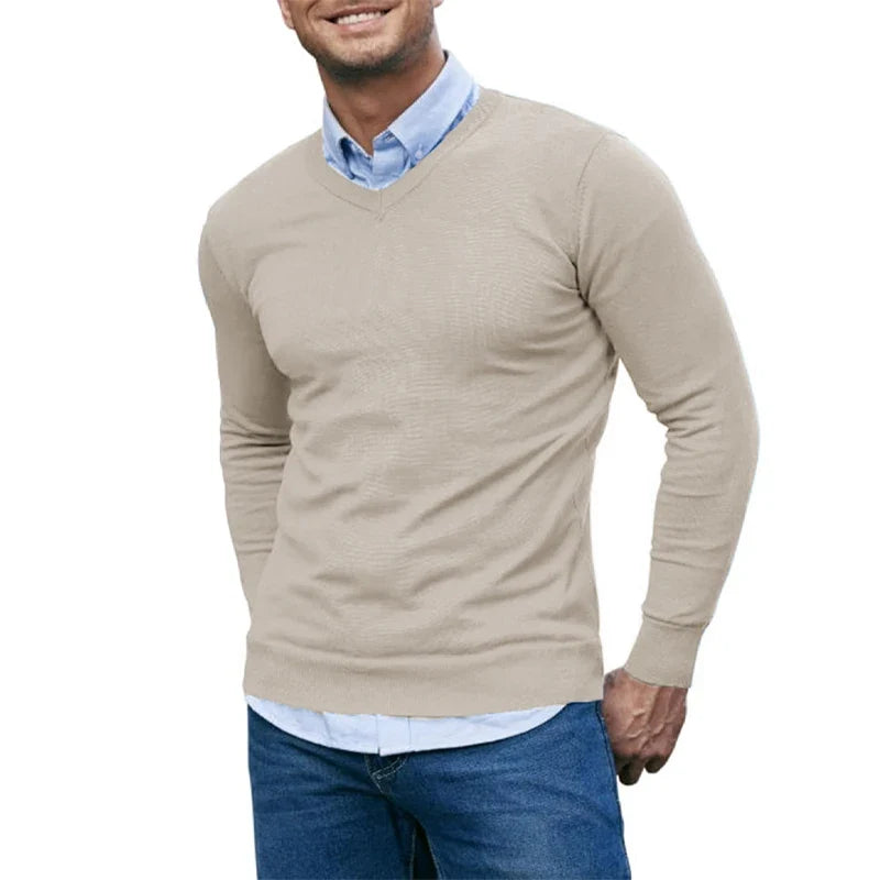 Men's V-Neck Knit Sweater - Soft Lightweight Long Sleeve Slim Fit Casual Pullover Autumn Top