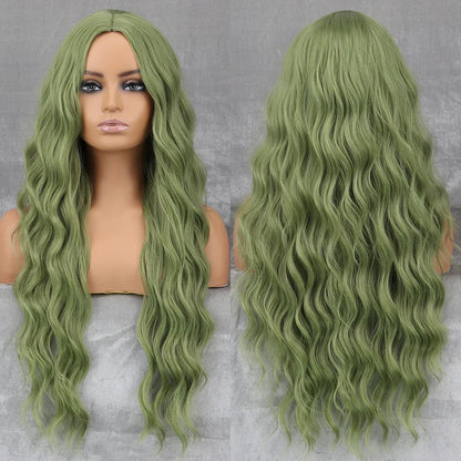 Long Wavy Green Synthetic Wig – Heat-Resistant Women's Cosplay, Party, Lolita Style, Half Part, Red/Black/Pink